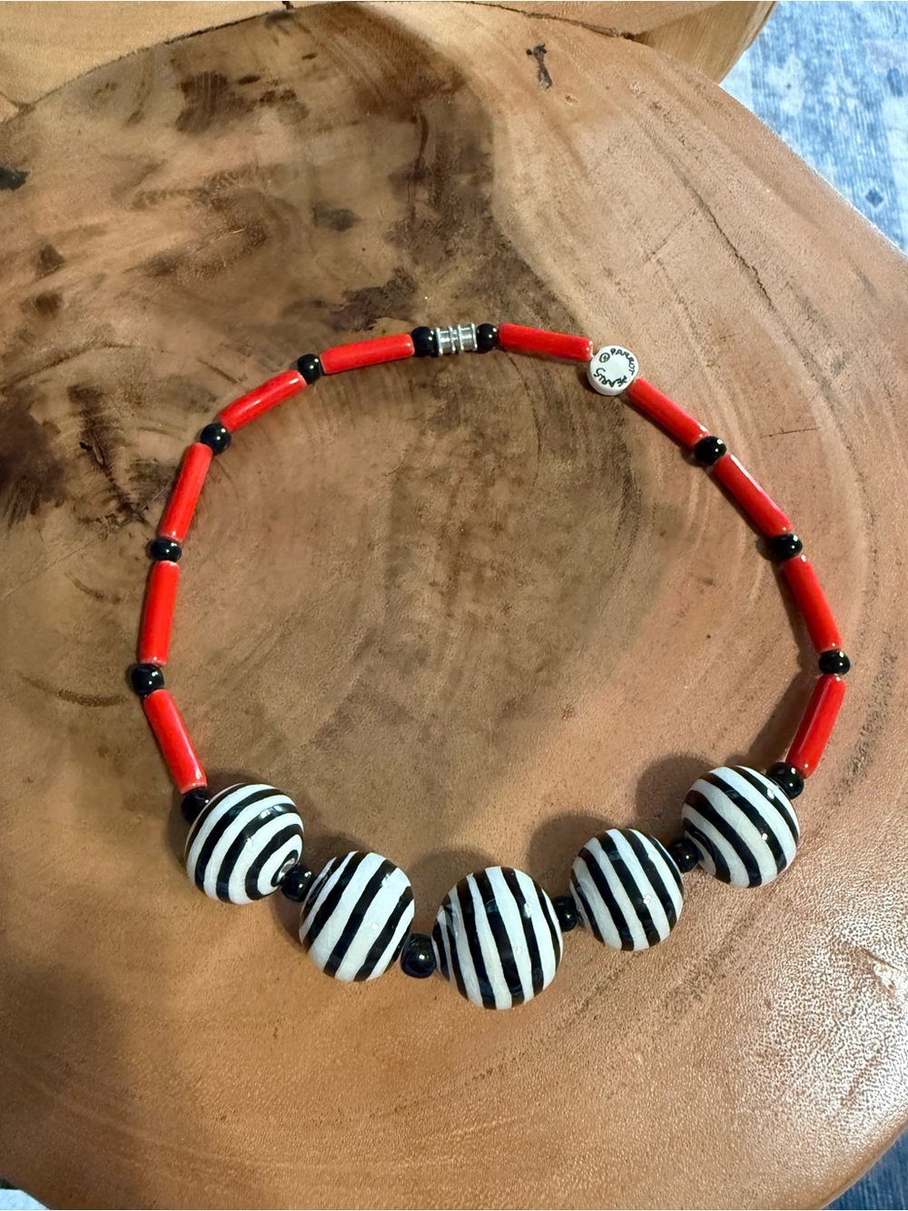 Vintage Parrot PearlsHandmade Black & White Zebra Bead Necklace with Red Accents
